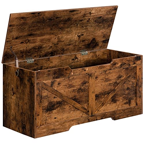 HOOBRO Storage Bench, 39.4” Retro Wooden Storage Chest with U-Shaped Cut-Out Pull, Safety Hinge, Supports 220 lb and Easy Assembly for Toy Box Organizer (Rustic Brown) BF771CW01