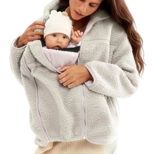 Maternity Coat Winter Mom Cozy Thicken Coats Fleece Sherpa Jacket | 3-In-1 Thicken Fleece Jacket,Zip Panels,Pocket,Maternity and Kangaroo Carrier Coat Clothing