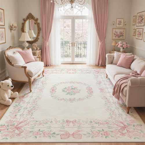 Astoria Grand Atascadero Romantic Vintage Floral & Bow Border Area Rug, Machine Washable, Inspired Faux Wool - High-Rebound Foam & Non-Slip Backing & Reviews | Wayfair