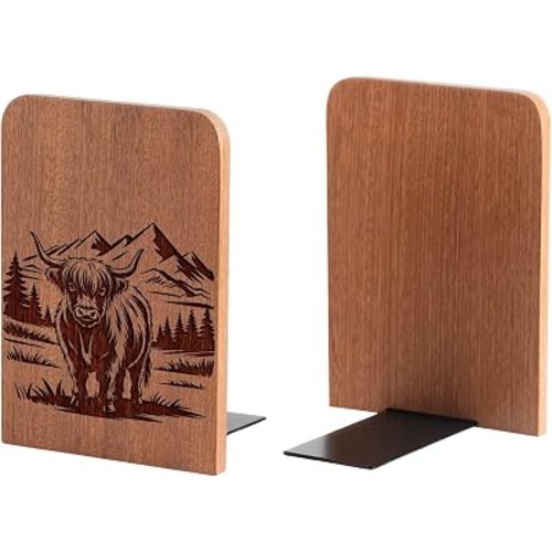 INNObeta Decorative Wooden Book Ends, Animal Bookends, Heavy Duty Bookends for Shelves Unique Design(1 Pair, 4.72x6.69 Inches) - HighlandCowScenery