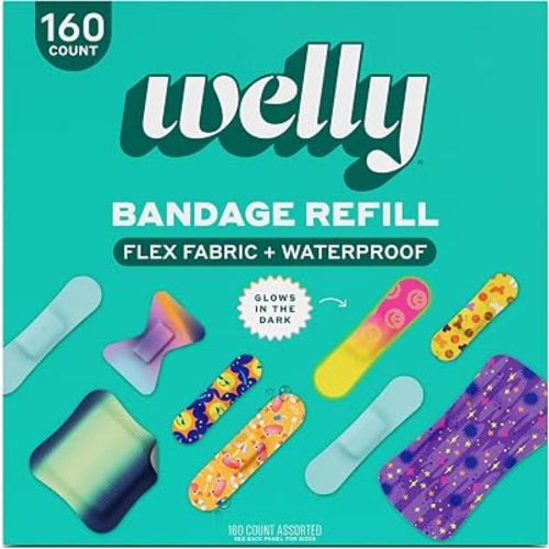 Welly Bandage Large Refill Pack | Adhesive Flexible Fabric, Glow-in-the-Dark & Waterproof Bandages | Assorted Shapes and Patterns for Minor Cuts, Scrapes, and Wounds - 160 Count