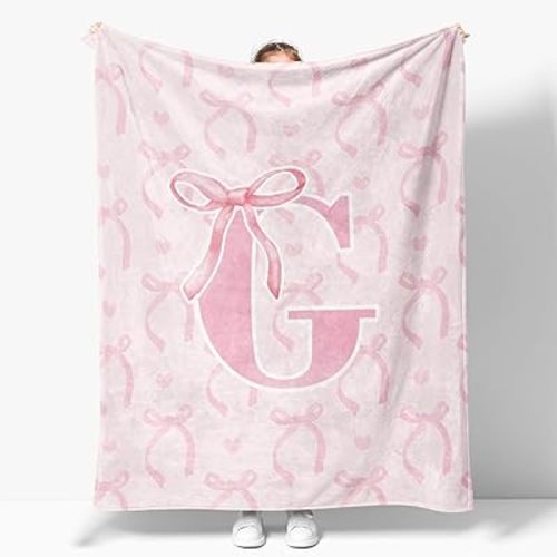 JKMBN Coquette Pink Bow Throw Blanket,Personalized Initial G Soft Fluffy Cozy Flannel Blanket,Monogrammed Gifts for Daughter Women Teen Girls,Customized Blanket for Bedding Bedroom Office,50x60 Inches