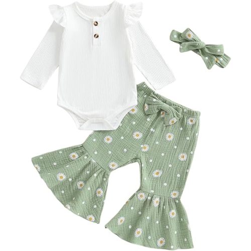 Newborn Baby Girls Clothes Infant Ribbed Knit Romper Tops and Daisy Print Bell-Bottoms Headband Clothing Sets