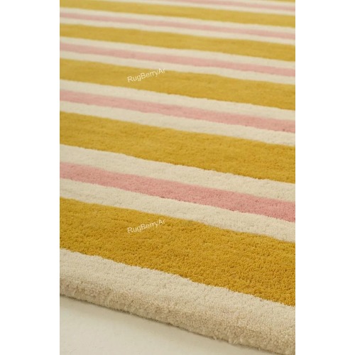 Hand Tufted Wavy Striped Wool Rug, Mustard Yellow Pink Cream Abstract Area Rug