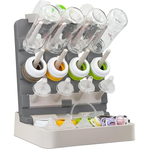 Baby Bottle Drying Rack, Vertical Standing Bottle Dryer Rack Holder-Space Saving Baby Bottle Drying Rack for Countertop-Holds Up to 12 Baby Bottles & Cup(Gray & Khaki)
