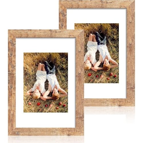 8x12 Picture Frame Set of 2, Rustic Brown Wood Frame with High Definition Glass, Display Pictures 6x8 with Mat or 8 x 12 without Mat for Horizontal or Vertical Tabletop and Wall Mounting