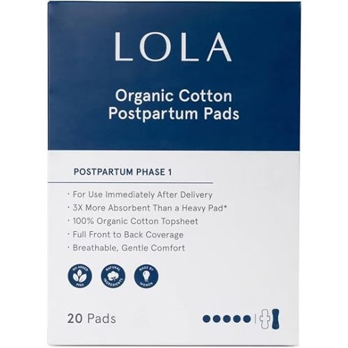 LOLA Organic Cotton Postpartum Pads - 20 Count, Ultra Absorbent and Extra Long Pads, Overnight and Full Coverage, Adult Incontinence Pad for Women, Postpartum Essentials