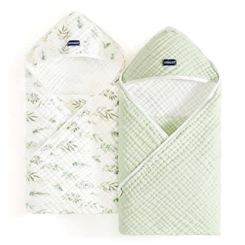 GRSSDER Ultra Soft Absorbent Muslin Cotton Baby Hooded Towel 2 Pack with Original Patterns, Extra Large Size 35"x 35" Swaddle Wrap for Newborn Infant and Toddler