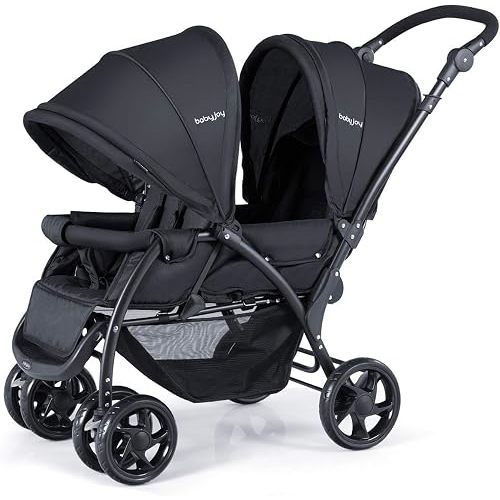 BABY JOY Double Stroller, Foldable Lightweight Twin Stroller with Tandem Seating, Adjustable Backrest/Canopy/Footrest, 5-Point Harness, Storage Basket, Newborn and Toddler (Black)