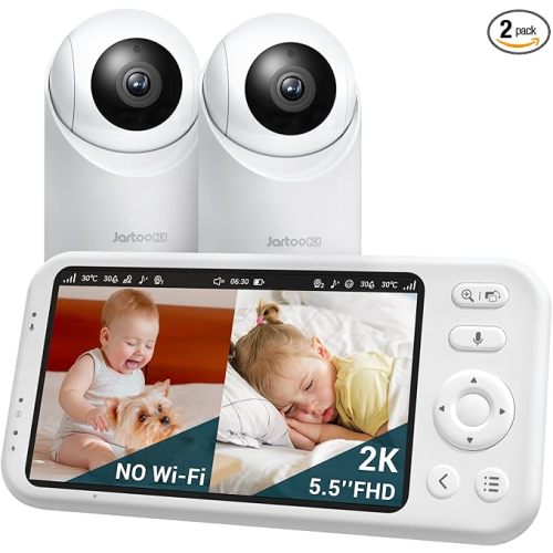 Jartoo 2K 5.5" Video Baby Monitor with 2 Cameras and Audio,AI Cry Detect 1860ft Long Range Baby Monitor No WiFi Baby Camera Wireless,Clear Night Vision,ANC, 2-Way Talk,White Noise,6000mAh [2025 New]