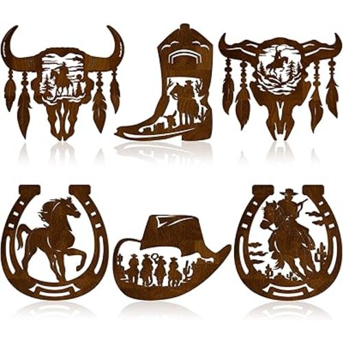 Therwen 6 Pcs Western Wall Decor Wood Wall Art Rustic Cowboy Hat Boot Saddle Deer Bear in the Forest Pine Tree Cow Decorations for Home Bedroom Kitchen(Cowboy,Brown)