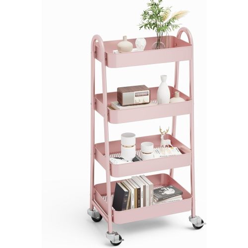 OLIXIS 4 Tier Utility Rolling Cart, Metal Mobile Storage Shelf with Lockable Caster Wheels, Organization for Livingroom, Bathroom & Narrow Places, 4-Tier Pink