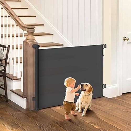 Retractable Baby Gate for Stairs, 55" Wide Mesh Dog Gate, Safe, Sturdy, Easy to Fit, 34'' Tall Baby Gate for Stairs, Doorways, Hallways, Deck, Indoor Outdoor, One-Hand Operation, Black