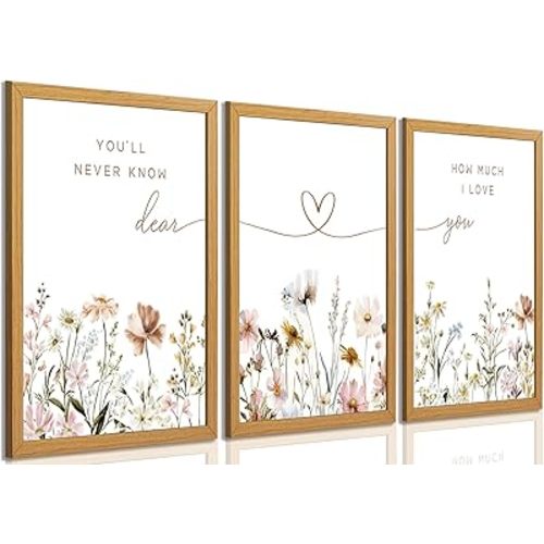 Wildflower Nursery Wall Art Set of 3 Boho Floral Botanical Posters with Inspirational Quote Unframed Baby Girl Nursery Decor Prints for Toddler Bedroom Kids Room Living Room, 12x16 Inch