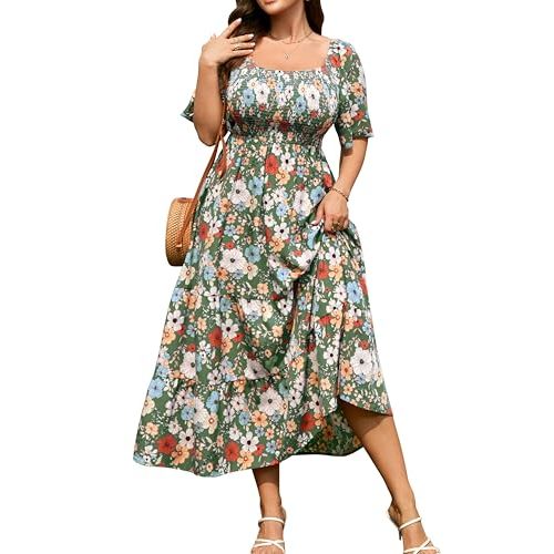 RWJ Women's Plus Size Summer Dresses Short Sleeve Smocked Boho Maxi Dress | Beach Dresses for Women 2026 Vacation, Bohemian Floral Square Neck Empire Waist, Wedding Guest Baby Shower Casual Sundress