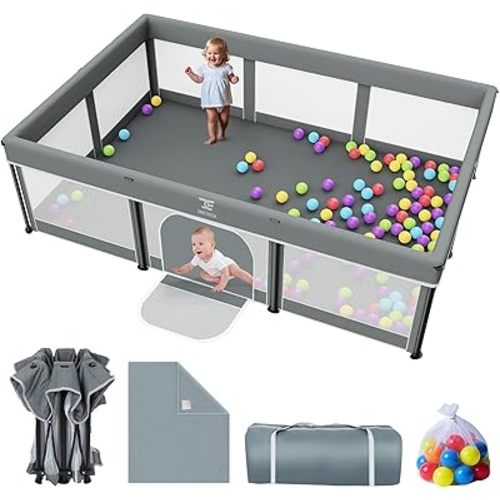 Foldable Baby Playpen with Mat - 74"X50" Large Play Yard for Babies and Toddlers - Indoor & Outdoor Portable Playpen with Storage Bag & 30 Ocean Ball - Baby Fence with Visible Mesh & Zipper Door,Grey