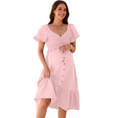 Garvee Women's Maternity Dress for Baby Shower Photoshoot Casual V Neck Ruffle Sleeve Tiered Boho Dress Light Pink XL