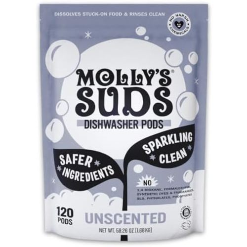 Molly's Suds Dishwasher Pods | Clean Dishwasher Detergent, Cuts Grease & Rinses Clean (Residue-Free) for Sparkling Dishes | 120 Auto-Release Tabs (Unscented)