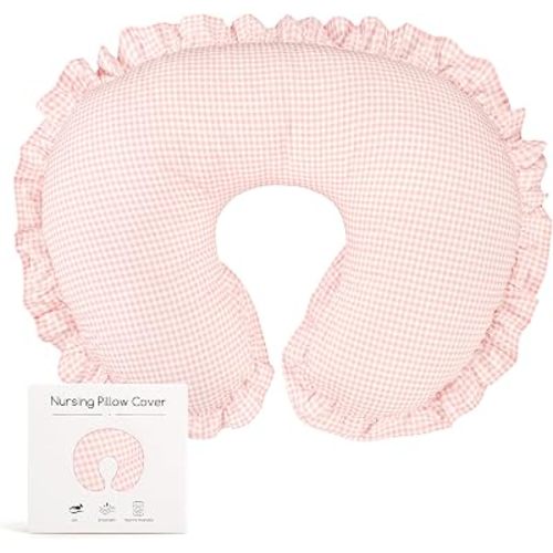 DILIMI Cotton Nursing Pillow Cover, Removable Ruffled Pillowcase for Breastfeeding Pillows, Ultra Soft Comfortable Slipcover for Baby Girl and Boy, Pink Gingham
