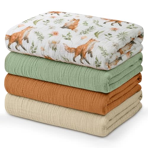 Muslin Swaddle Blankets for Newborn, 4 Pack Breathable Soft Receiving Blanket, Large 38 x 40 inches Swaddle Wrap Burping Clothes, Essentials Infant Shower Items, Toddler Gift (Forest Fox)