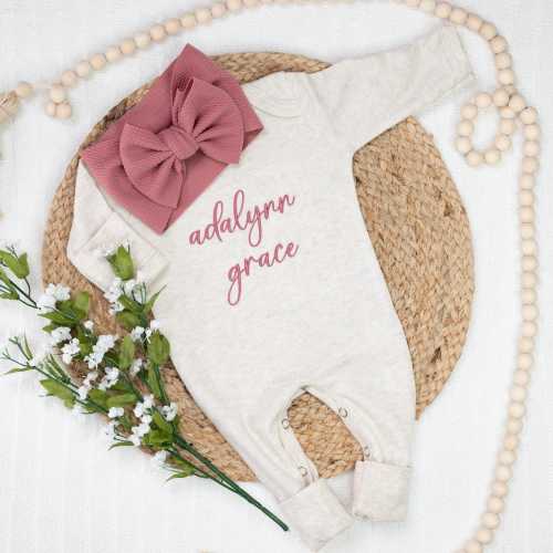 Personalized Baby Girl Romper: Embroidered Oatmeal Newborn Outfit