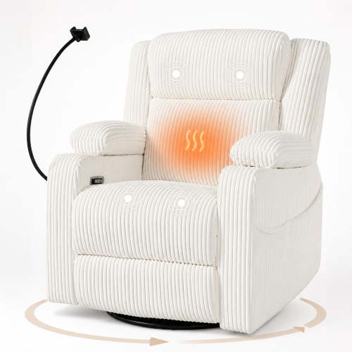 LITVZ Oversized Power Swivel Rocker Recliner with Adjustable Headrest for Adults, Nursery Rocking Chairs with Vibration Massage and Heat, USB A&C Ports, Armrest Storage, Cup Holder for Living Room