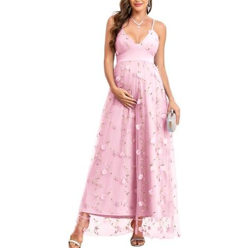AISWI 3D Floral Maternity Maxi Dress V-Neck Tulle Spaghetti Strap A-Line Pregnancy Gown for Baby Shower Wedding Party