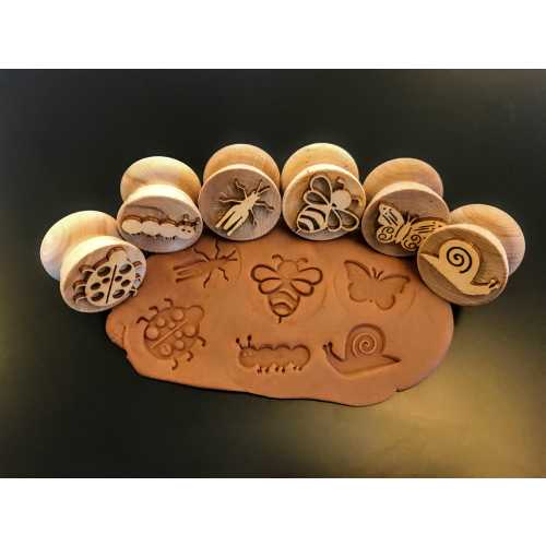 Wooden Garden Bug Stampers | Set of 6 Playdough Tools | Sustainably Sourced Wood | Bee, Caterpillar, Snail, Ladybug, Grasshopper, Butterfly