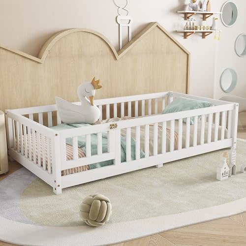 Twin Floor Bed with Slats, Fence and Door, Twin Size Montessori Floor Bed for Kids, Girls, Boys, Easy Assemble Montessori Bed Frame(Twin White)