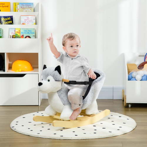 Qaba Baby Rocking Horse, Husky Themed Rocking Animal for Children, Plush Animal Rocker Ride On Toy for Kids 18-36 Months with Wooden Base, Seat Belt