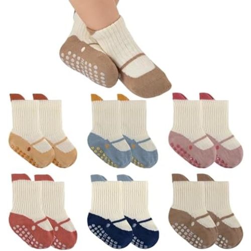 Baby Toddler Socks Girls Boys Non Slip Baby Grip Socks Cute Cotton Crew Socks for Newborn Infant Toddler 6 Pairs