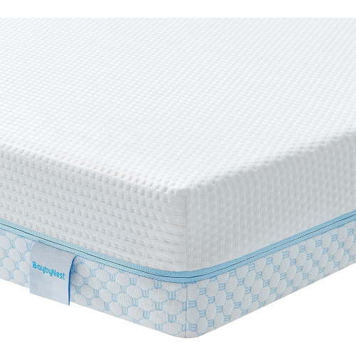 BaybyNest 4" Portable Dual Sided Playard Mini Crib Mattress (Firm & Plush) - Gel-Infused Memory Foam, Breathable Cooling Cover - CertiPUR-US Certified (Blue & White)