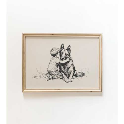 German Shepherd with Little Boy Painting, Dog Nursery Wall Art Print, Pet Retro Sketch Poster