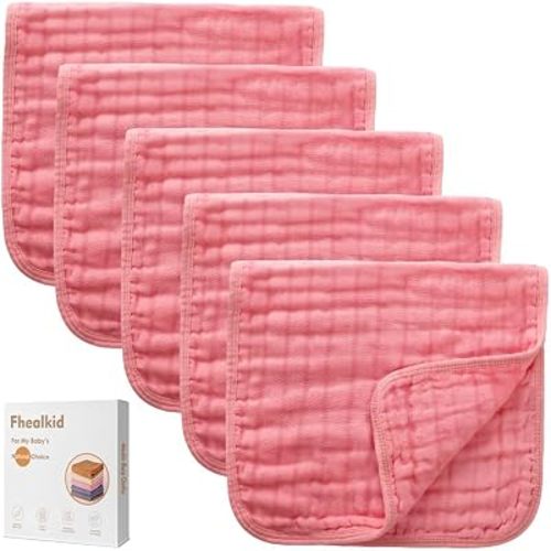 Muslin Burp Cloths Sets Newborn Baby Boy Essentials Must Haves 100% Cotton 5 Pack 20" X 10",6-Layer Baby Bibs & Burp Cloths for Baby Drool and Messes - Soft (Pink, 5 - Pack 20"X10")