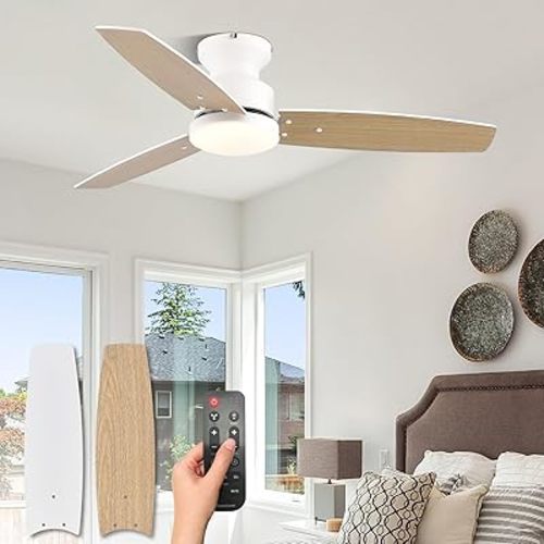 Modern Ceiling Fans with Lights, 42 Inch Ceiling Fan with Light and Remote, Bedroom Living Room Office Outdoor, Flush Mount,18W 3CCT 3 Blades 6 Speed Reversible Quiet DC Motor, White/Wood Grain