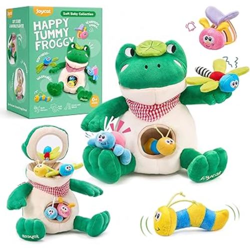 JoyCat Montessori Baby Toys 6-12 Months, Frog Sensory Toy for Infants 0-3 Years, Stuffed Animal with 4 Rattle Crinkle Squeaker Insects & Baby Safe Mirror, Soft Plush Toy for Toddlers Newborn Gift