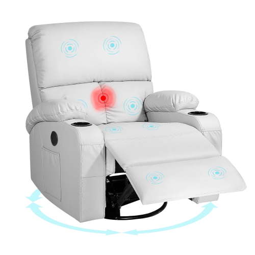 Rocking Recliner Chair, Massage Rocker Recliner Chair with Vibration Massage and Heat, USB and Type-C Ports,360° Swivel Faux Leather Chairs, Living Room, Bedroom, Nursery, RV, Light Grey