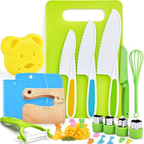 Montessori Kids Knives for Real Cooking, 13 Pieces Wooden Kids Kitchen Knife Set Include 4 Serrated Edges Plastic Toddler Knife,Crinkle Cutter Y Peeler Cutting Boards and Wood Toddler Safe Knife
