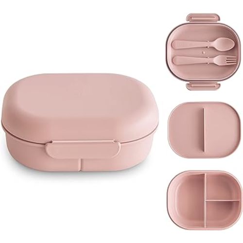 mushie Kids Bento Lunch Box | 3-Compartment & Removable Divider + Fork & Spoon Utensils | Great For Meals, School, Snacks On-the-Go | Dishwasher Safe (Blush)