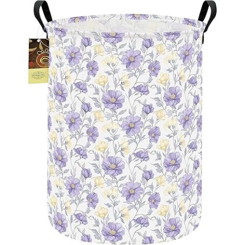 Collapsible Fabric Storage Basket, Waterproof Laundry Hamper with Handles, Round Storage Bin for Clothes Toys, Foldable Organizer for Bedroom Nursery Bathroom(Round-Purple Flowers)
