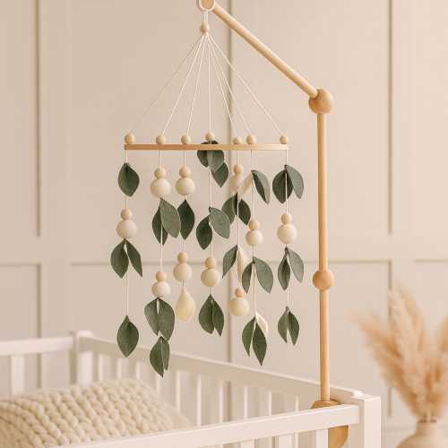 Forest baby mobile with green leaves and flowers, neutral crib mobile for nursery decor, hanging baby mobile, woodland baby shower gift
