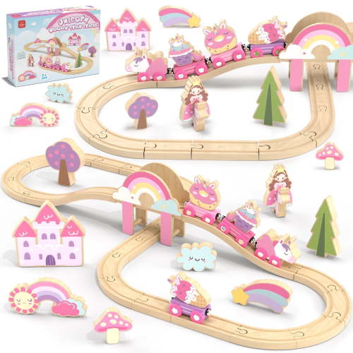 Train Set, 39 Pcs Wooden Train Set for Kids, Train Toy for Girls Boys 2 3 4 5 Year, Unicorn Train Track Set with 4 Magnetic trains & Accessories, Compatible with Other Brands