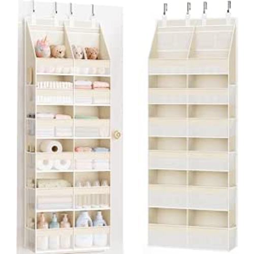 Over the Door Organizer, Extra Large 12 Compartments Closet Hanging Storage with 14 Mesh Pockets, 85lbs Capacity Behind the Door Storage for Baby Nursery, Bathroom, Bedroom, and Dorm, Beige