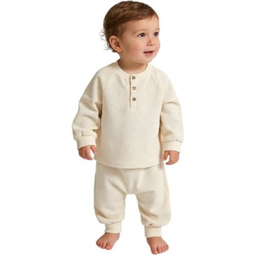 Baby Waffle Long Sleeve Sweatshirt ButtonTop Jogger Pants Set Cute Fall Winter Clothes Set Outfits