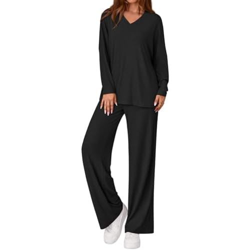 PRETTYGARDEN 2 Piece Lounge Sets for Women Fall Outfits 2025 Casual Loose Long Sleeve Tops Wide Leg Pants Matching Pajama Set