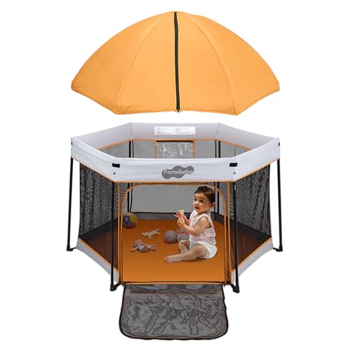 Pamo Babe Pop UP Playpen with Sun Protection Canopy - Outdoor & Indoor Play Yard for Babies and Toddlers - Baby Beach Tent with Zipper Gate, Orange