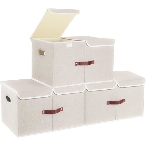 TYEERS Extra Large Collapsible Storage Bins with Lids and Compartments, Washable, Fabric Storage Boxes, 21.7x13x11.8 inches, 3 Pack, Beige