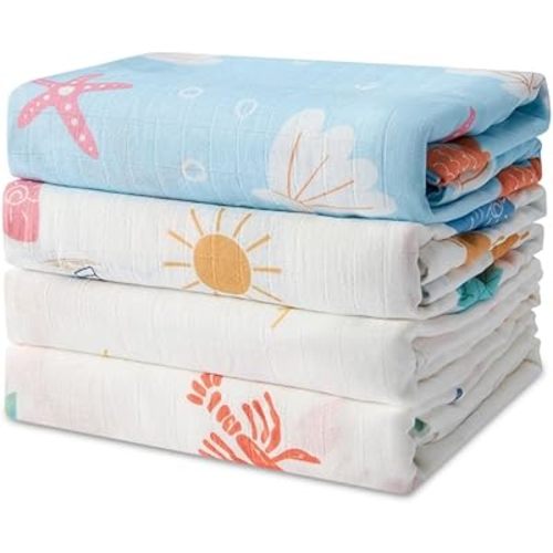 Muslin Swaddle Blankets for Newborn, 70% Rayon from Bamboo and 30% Cotton Baby Swaddle Blanket for Boys and Girls, 4 Pack Large 47 x 47 inches Receiving Blanket, Ocean Adventure Baby Blanket