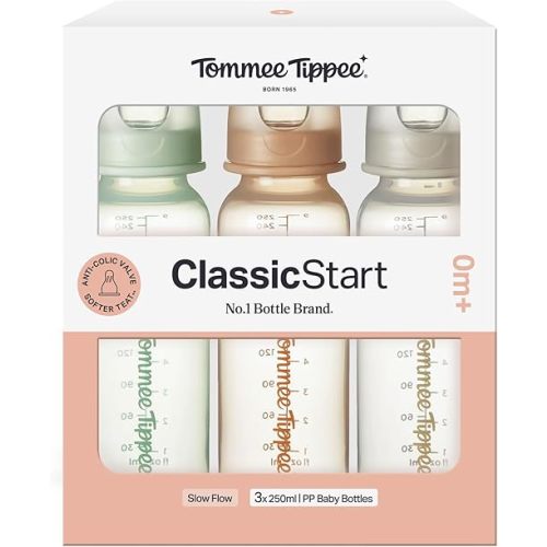 Tommee Tippee Classic Start Baby Bottles, 0m+, Silicone Slow Flow Teat, Anti-Colic Valve, Green/Brown/Grey, 250ml, Narrow Neck, 3 Pack, Dishwasher Safe