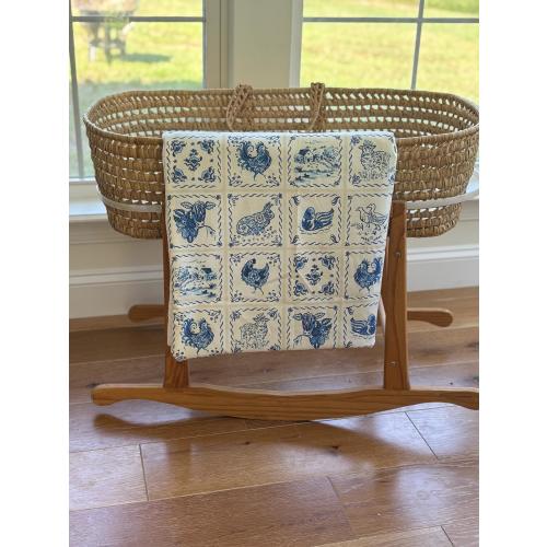 Blue & White Delft Tile Baby blanket | Muslin Cotton Baby Blanket | Farm Animal Nursery Quilt | Vintage-Inspired Baby Shower Gift